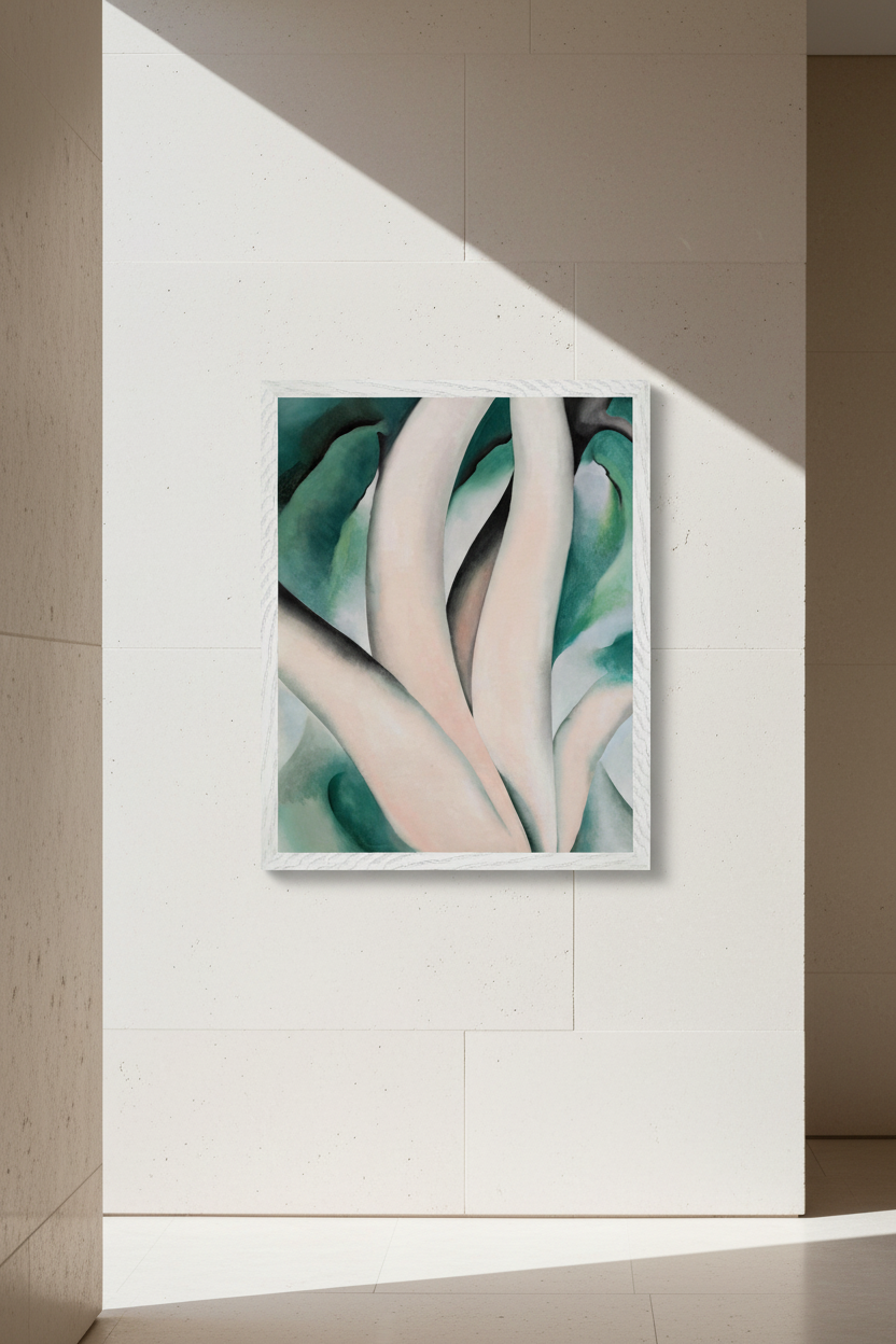 Birch Trees at Dawn on Lake George Georgia O’Keeffe Collector’s Edition print in white gallery frame, modern American art interior