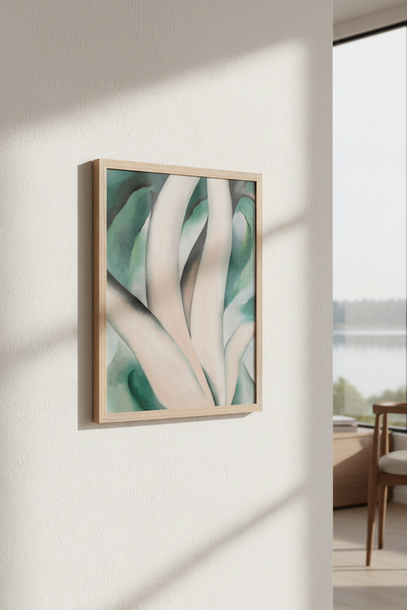 Birch Trees at Dawn on Lake George by Georgia O’Keeffe, Collector’s Edition art print in natural oak frame, museum-quality vertical fine art