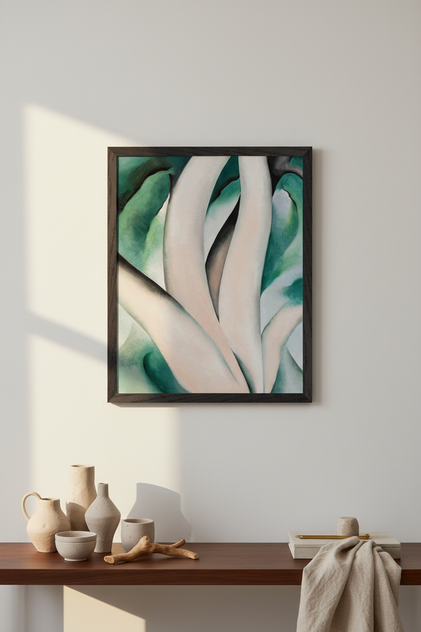 Framed abstract artwork on a wall above a wooden shelf with decorative items. Birch Trees at Dawn on Lake George by Georgia O’Keeffe displayed in refined American interior, Collector’s Edition museum-quality art print