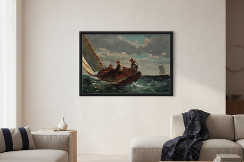 Framed painting of a sailboat on a wall in a living room. Black floating frame canvas of Breezing Up (A Fair Wind) by Winslow Homer displayed in a refined coastal interior.