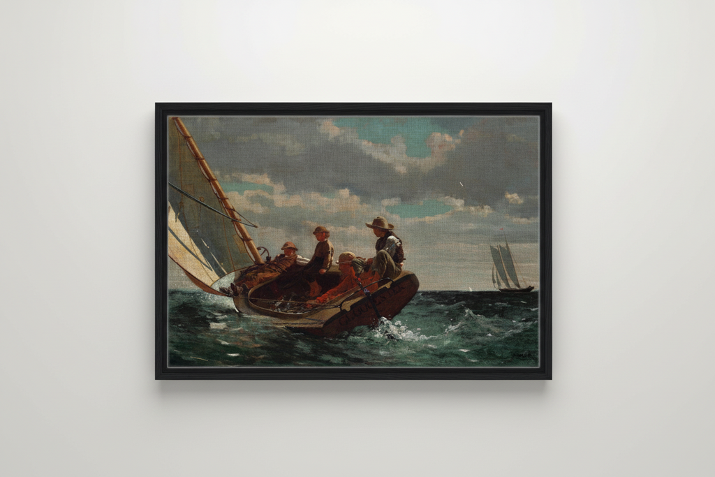 Framed painting of a sailboat with people on a white wall Breezing Up (A Fair Wind) by Winslow Homer framed canvas print in black floating frame, museum-quality American maritime art.
