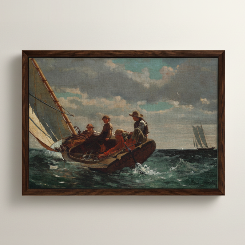 Breezing Up (A Fair Wind) by Winslow Homer framed canvas print in dark brown floating frame, collector’s edition American art. Framed painting of a sailboat with people on a white wall