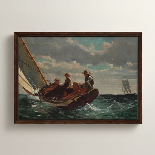 Breezing Up (A Fair Wind) by Winslow Homer framed canvas print in dark brown floating frame, collector’s edition American art. Framed painting of a sailboat with people on a white wall