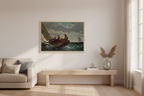 Living room with a painting of a boat on a wall above a sofa and coffee table. Breezing Up (A Fair Wind) by Winslow Homer framed canvas print in natural wood floating frame, classic American seascape art.