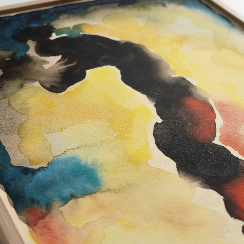 Close-up fine art print showing archival paper texture, subtle watercolor pigment detail, Georgia O’Keeffe abstract modernist artwork, off-white uncoated paper, museum-quality giclée print, shallow depth of field, macro realism, premium art reproduction focus