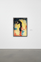 Contemporary art gallery wall featuring Georgia O’Keeffe early abstraction, 1917 American modernism, vertical abstract print mounted in simple museum frame, clean white walls, polished concrete floor, subtle wall label beside artwork, calm institutional lighting, quiet gallery atmosphere, ultra-realistic museum presentation