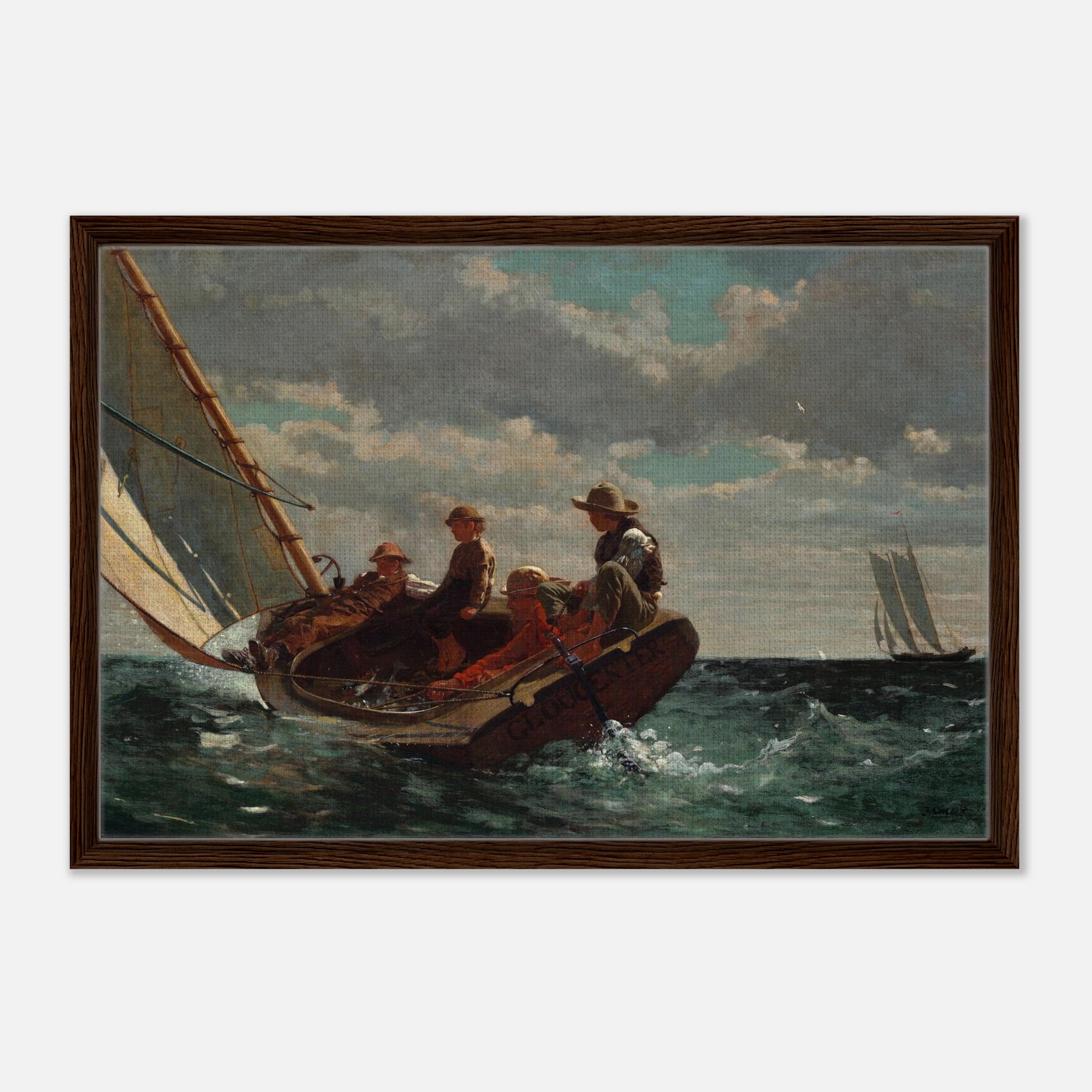Dark brown floating frame canvas of Breezing Up (A Fair Wind) by Winslow Homer styled in a traditional American interior.