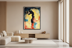 Editorial interior inspired by Architectural Digest, Georgia O’Keeffe abstract portrait print framed and styled in a curated modern space, sculptural decor, restrained color palette, soft daylight, refined composition, American modern art collector vibe, cinematic realism