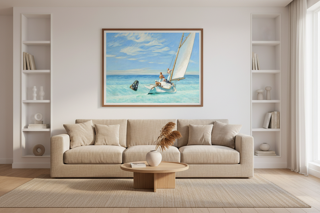 Interior mockup, upscale contemporary living room, large statement framed art print above a neutral linen sofa, warm daylight, subtle shadow falloff, high-end gallery styling, refined American coastal palette. Artwork: Edward Hopper ‘Ground Swell’ (1939), print size 60x80 cm, thin natural walnut frame, museum shop.