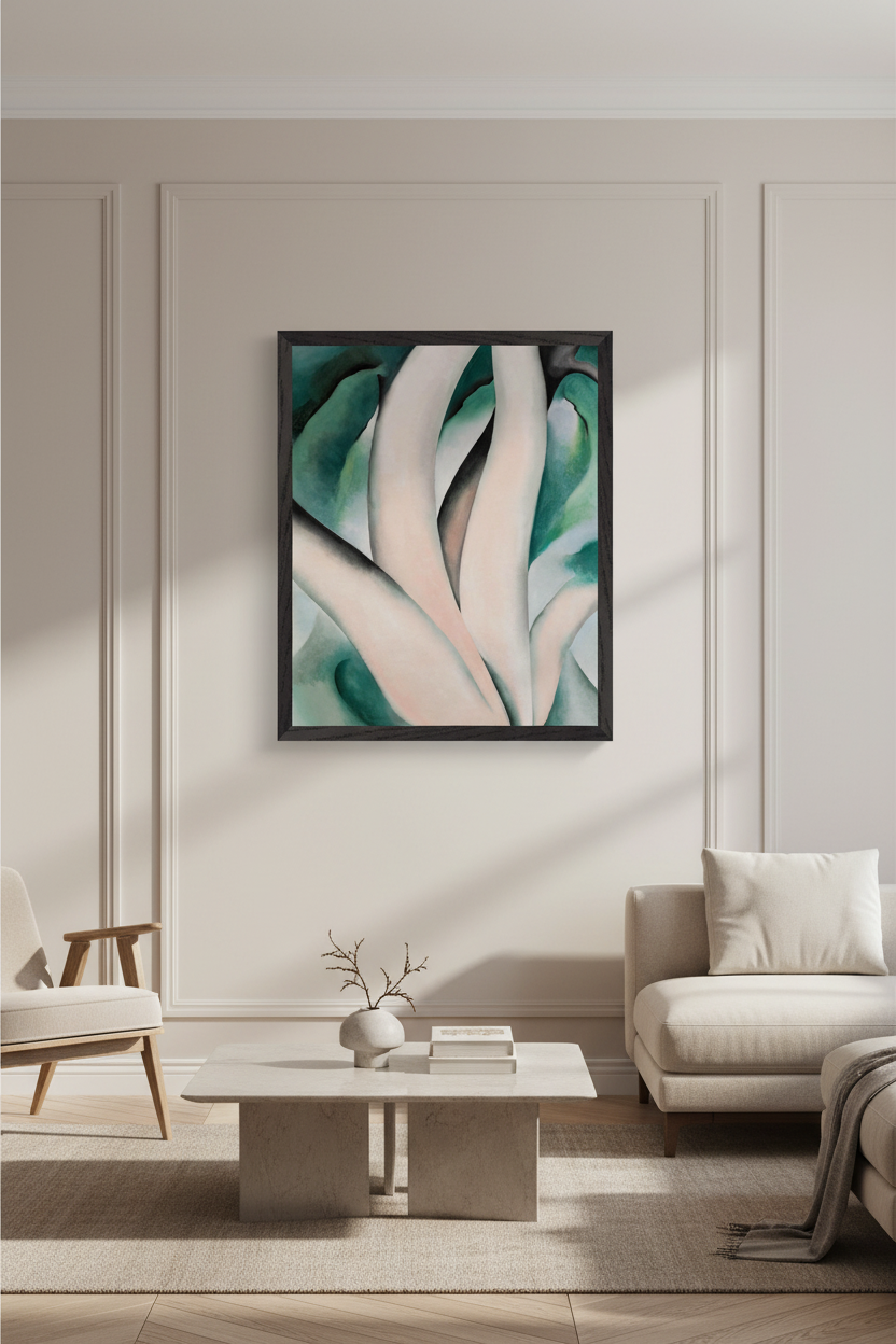 Georgia O’Keeffe Birch Trees at Dawn on Lake George Collector’s Edition framed art print in black gallery frame, premium presentation