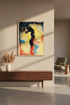 High-end American modern interior with Georgia O’Keeffe abstract art print from 1917, vertical composition framed in thin natural oak frame, placed above a minimalist console table, warm natural light, muted earth tones, mid-century inspired furniture, refined collector’s residence, museum-grade realism, editorial interior photography style