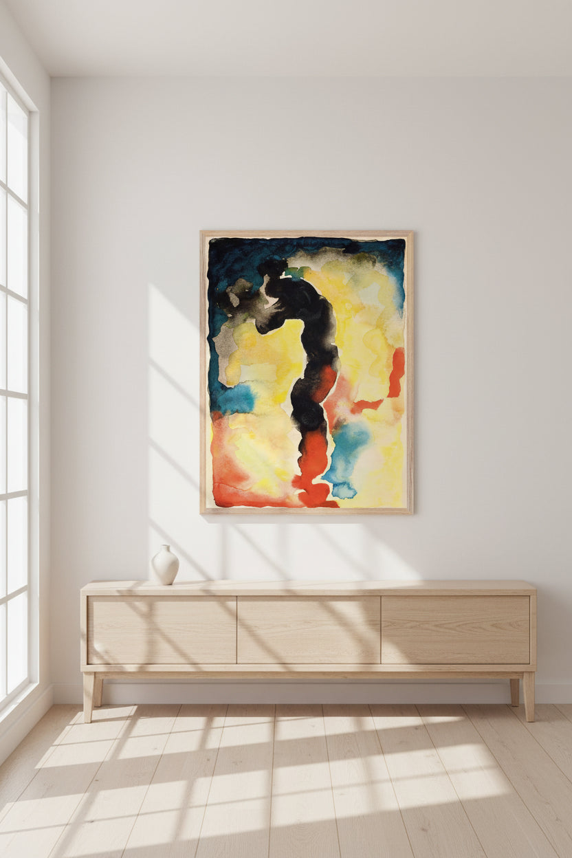 Minimalist Scandinavian interior featuring Georgia O’Keeffe abstract art print, vertical modernist composition, light neutral walls, pale wood furniture, soft diffused daylight, calm aesthetic, premium gallery-style framing, realistic art scale, high-end e-commerce presentation