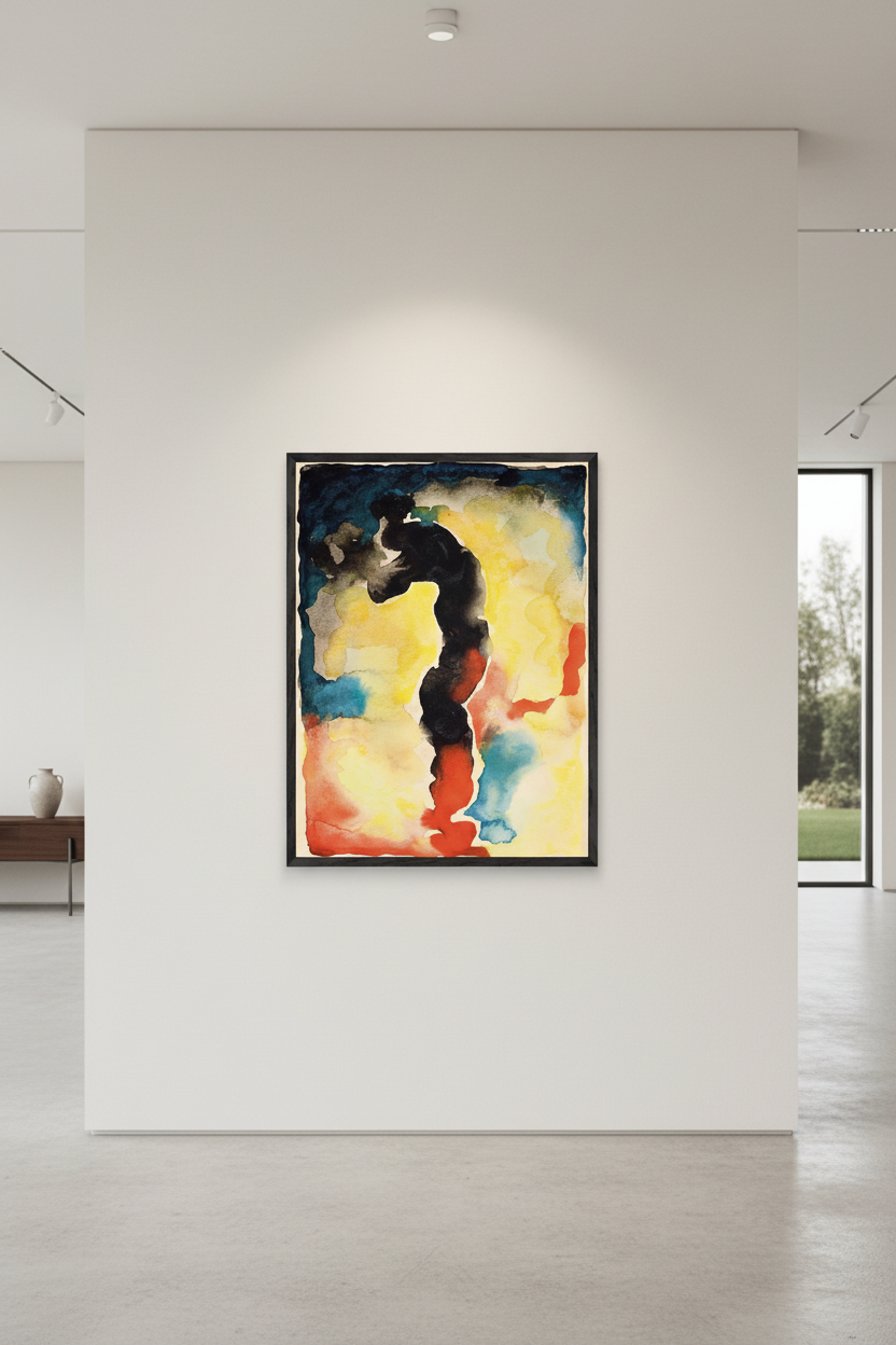 Museum-quality wall art featuring Georgia O’Keeffe’s Untitled (Abstraction; Portrait of Paul Strand) (1917), vertical abstract American modernist print, displayed in a refined contemporary interior, off-white gallery wall, subtle shadow depth, neutral architectural setting, soft directional museum lighting, realistic archival paper texture, minimal distractions, high-end art collector aesthetic, ultra-realistic, 8k detail