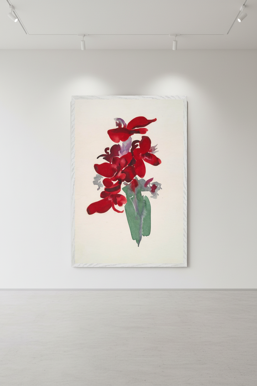 Large-scale museum wall mockup of Red Canna (1915) by Georgia O’Keeffe, vertical 60x90cm collector’s edition art print, commanding presence, clean contemporary interior, neutral architectural wall, soft museum lighting, high fidelity pigment reproduction, off-white archival paper texture visible, realistic wall shadow, elegant American modernism aesthetic, photorealistic, no decor clutter