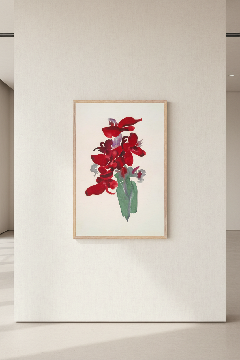 Museum-style wall mockup of Red Canna (1915) by Georgia O’Keeffe, vertical 60x90cm fine art print, centered composition, neutral warm white wall, subtle linen texture, soft indirect lighting from left, visible archival paper grain, accurate physical scale, minimal modern interior cues, calm refined atmosphere, American modernist art presentation, ultra-realistic, gallery-quality photograph