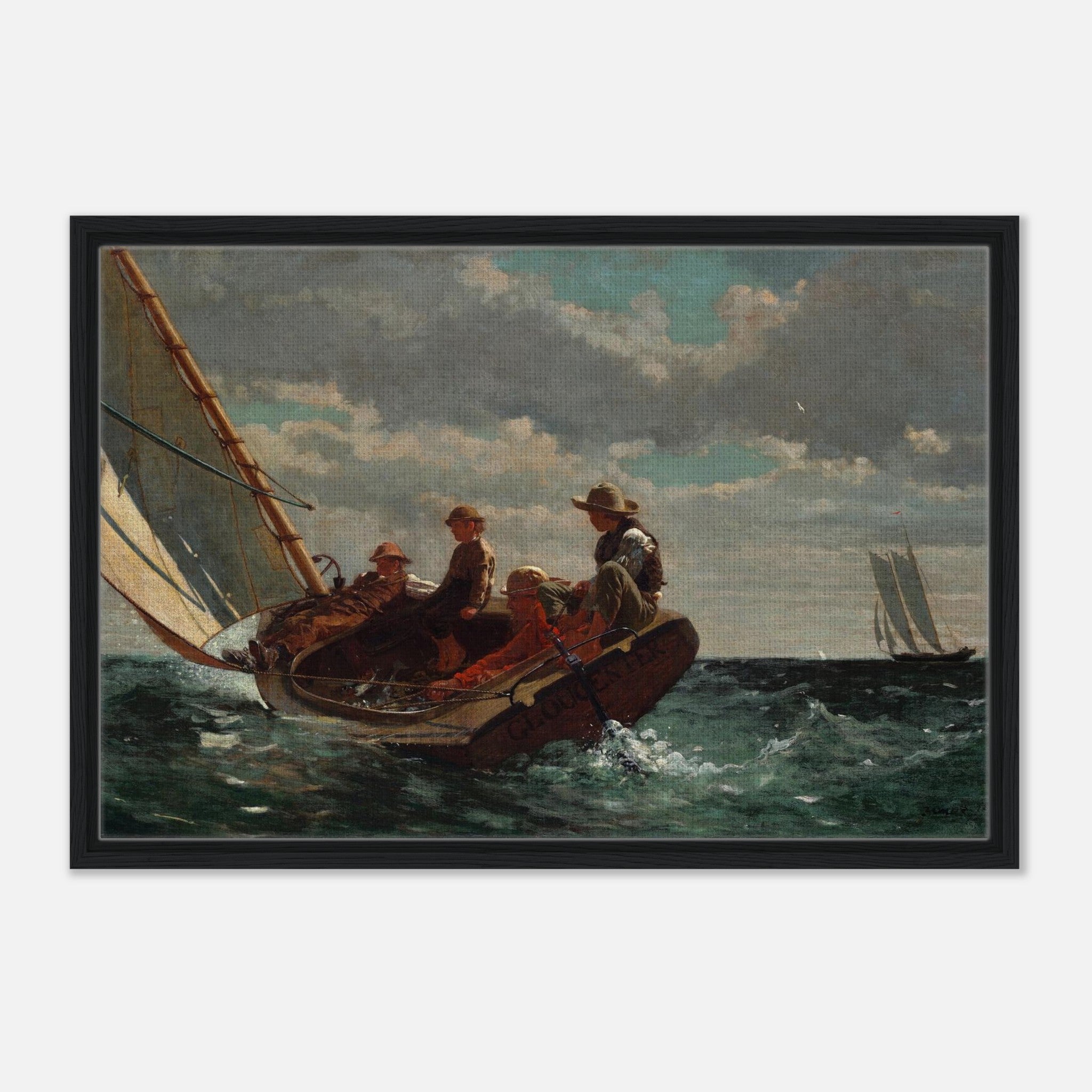 Black floating frame canvas of Breezing Up (A Fair Wind) by Winslow Homer displayed in a refined coastal interior.