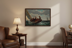 Framed painting of a boat scene on a wall in a room with furniture and decor. Dark brown floating frame canvas of Breezing Up (A Fair Wind) by Winslow Homer styled in a traditional American interior.