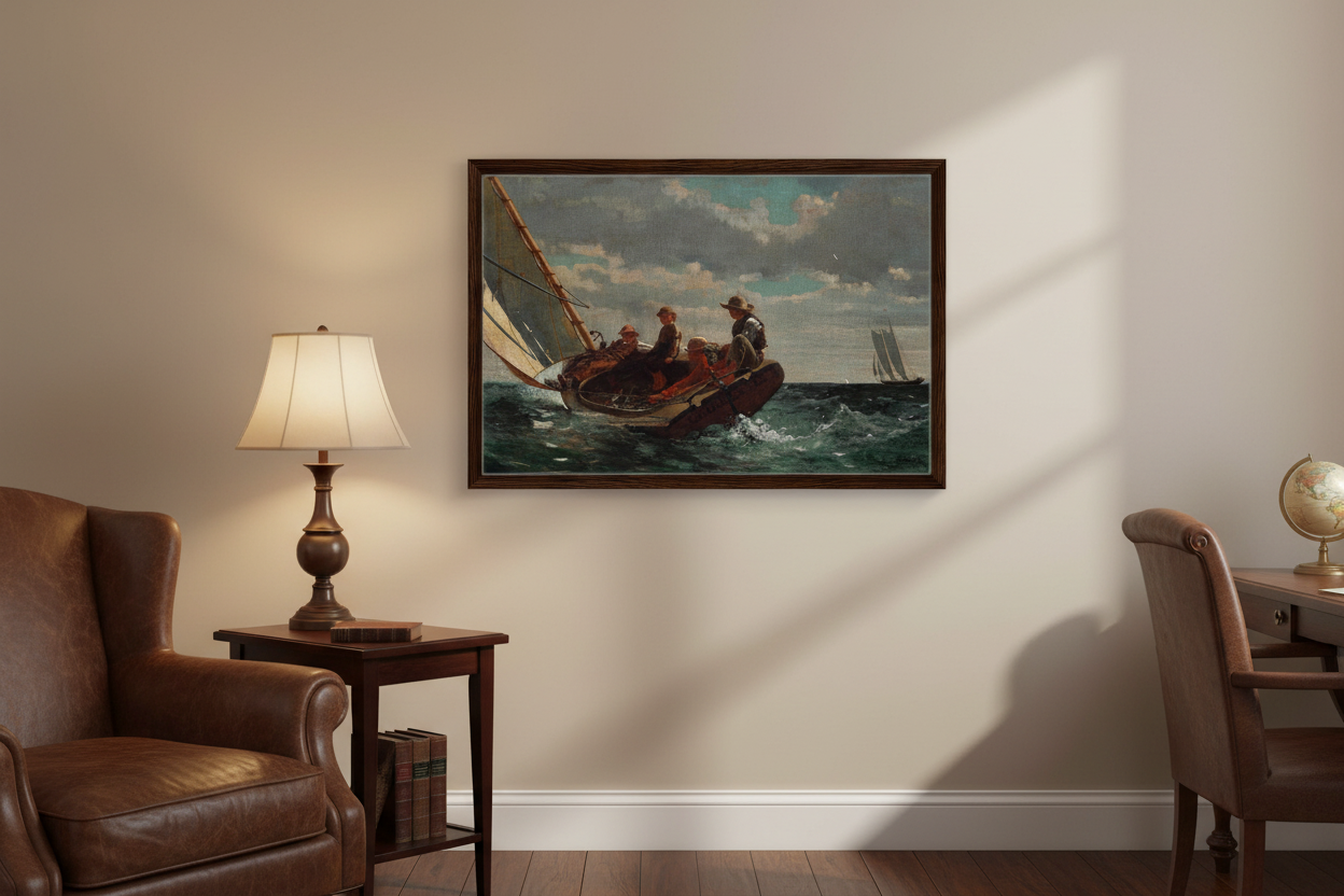 Framed painting of a boat scene on a wall in a room with furniture and decor. Dark brown floating frame canvas of Breezing Up (A Fair Wind) by Winslow Homer styled in a traditional American interior.
