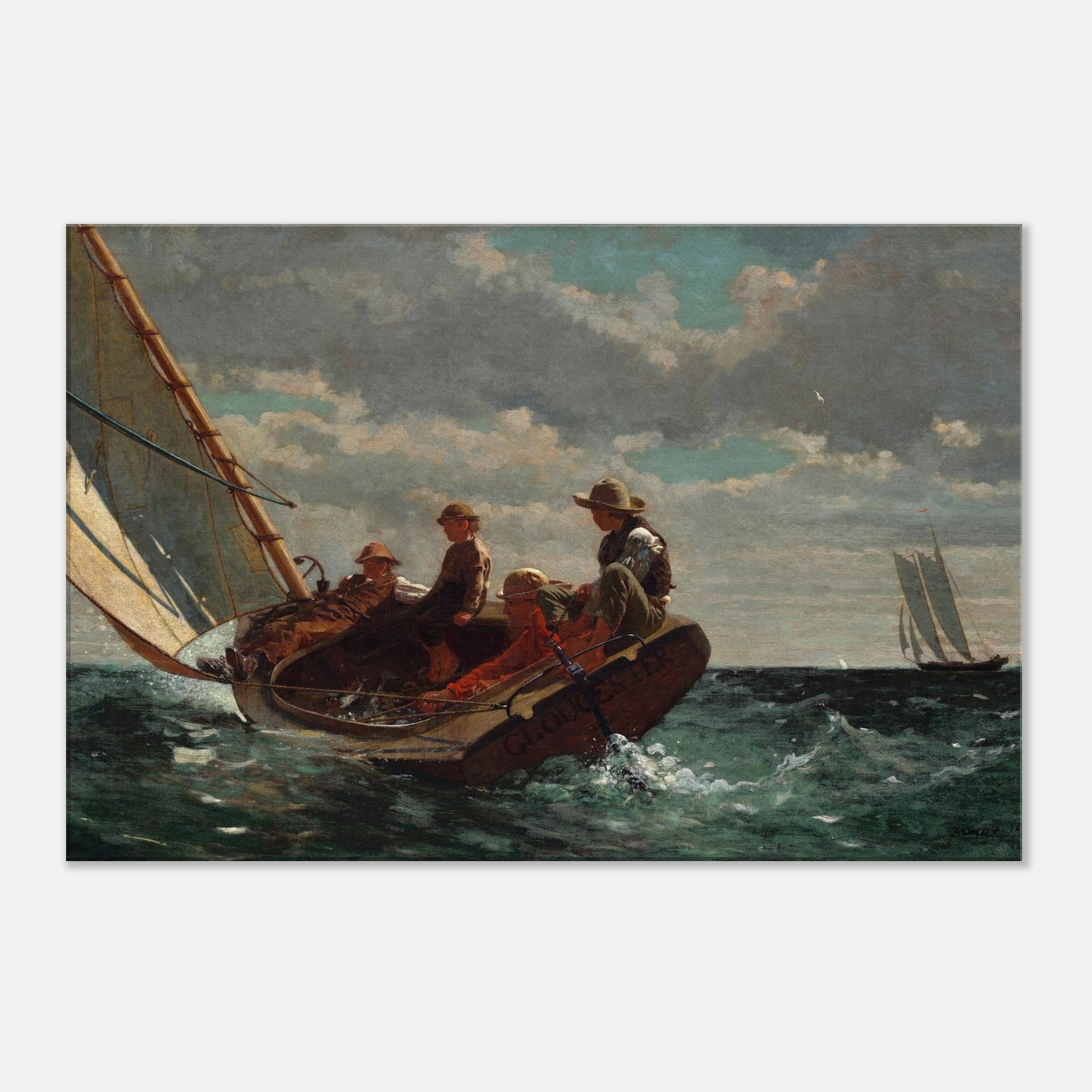 Framed canvas print of Breezing Up (A Fair Wind) by Winslow Homer, American maritime painting, collector’s edition canvas.