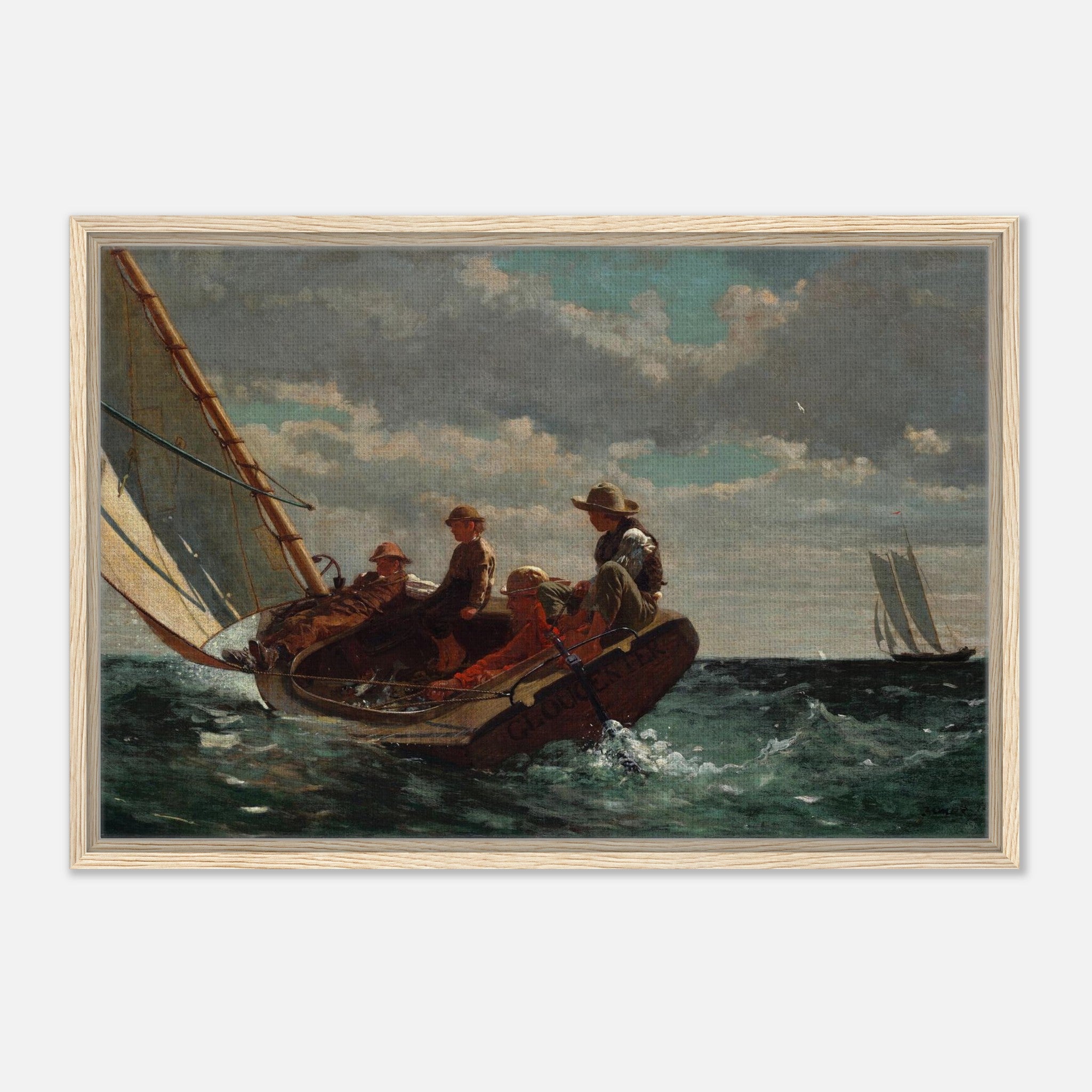 Natural wood framed canvas of Breezing Up (A Fair Wind) by Winslow Homer in an elegant American coastal home.
