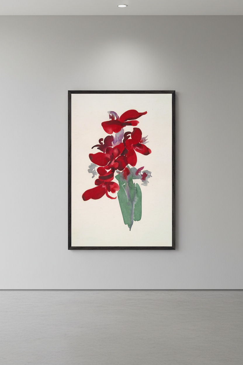 museum gallery of Red Canna (1915) by Georgia O’Keeffe, vertical fine art print, printed on museum-quality matte archival paper with subtle off-white tone, crisp pigment detail, soft directional gallery lighting, neutral wall, minimal distractions, American modernist presentation, accurate print scale, natural paper texture visible, refined shadow depth, high-end art collector aesthetic, photorealistic, no people, no reflections, no glare