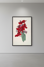museum gallery of Red Canna (1915) by Georgia O’Keeffe, vertical fine art print, printed on museum-quality matte archival paper with subtle off-white tone, crisp pigment detail, soft directional gallery lighting, neutral wall, minimal distractions, American modernist presentation, accurate print scale, natural paper texture visible, refined shadow depth, high-end art collector aesthetic, photorealistic, no people, no reflections, no glare